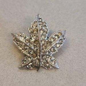 Silver Colored Maple Leaf Brooch with Rhinestones